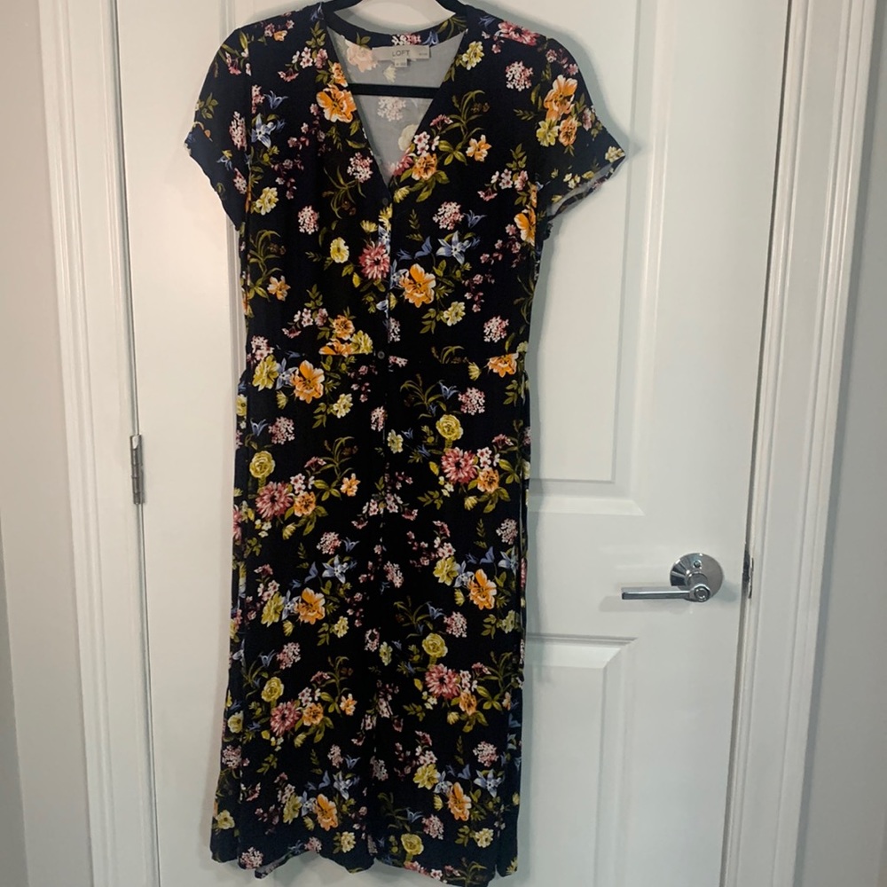 Button up tie waist navy blue midi dress